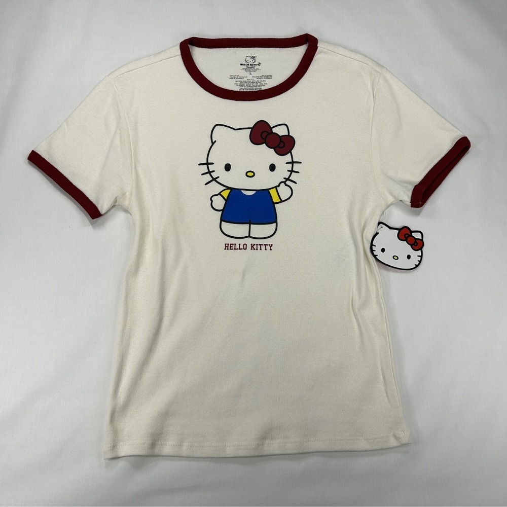 Hello Kitty Sanrio Ringer T Shirt Off White Burgundy Graphic Tee Large NWT